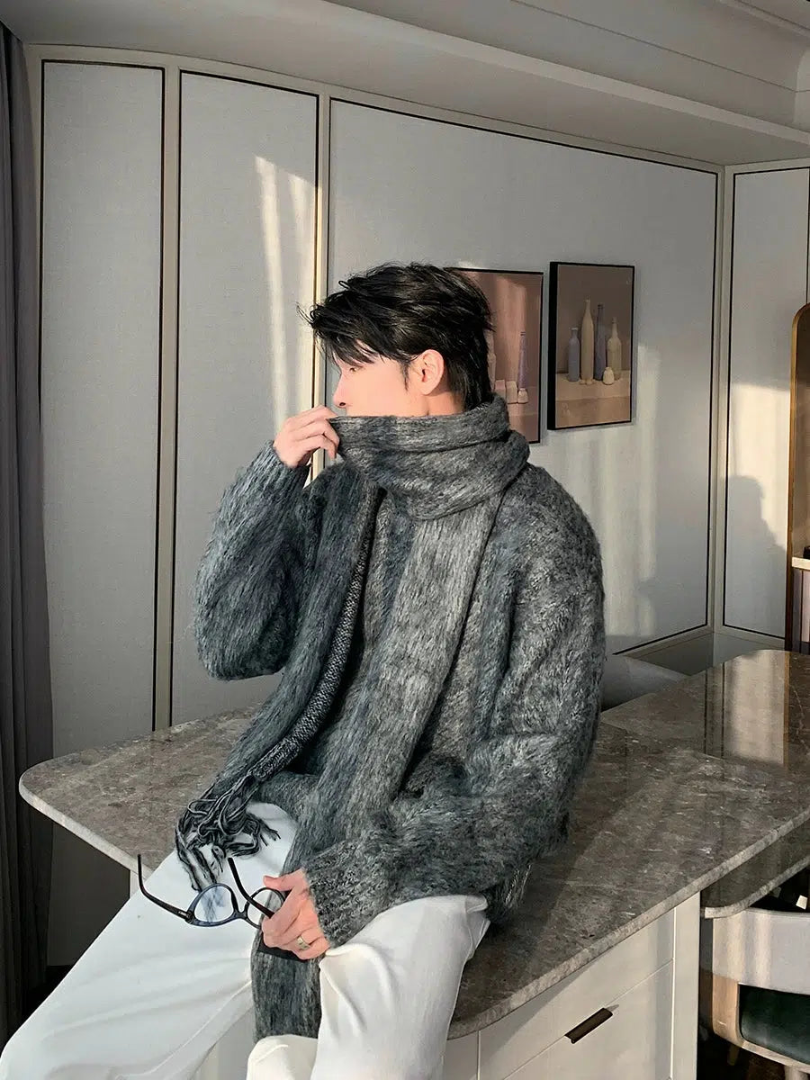 Loose Fit Crewneck Sweater with Scarf