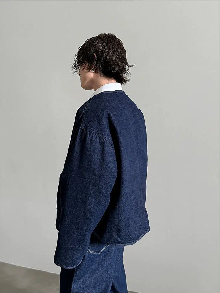 Loose Fit Zipper Collarless Denim Jacket