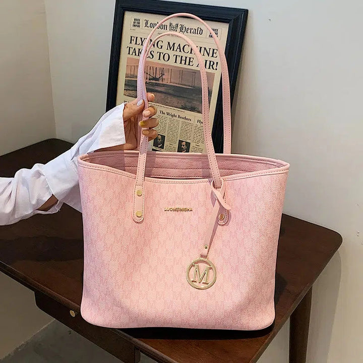 Metal Letter Pendant Leather Tote Bag