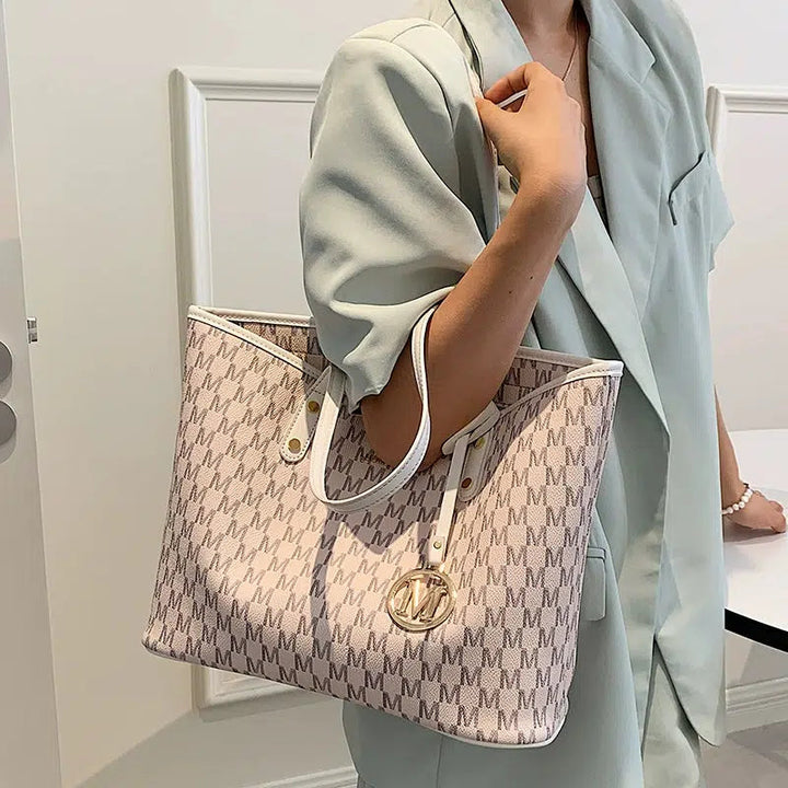 Metal Letter Pendant Leather Tote Bag