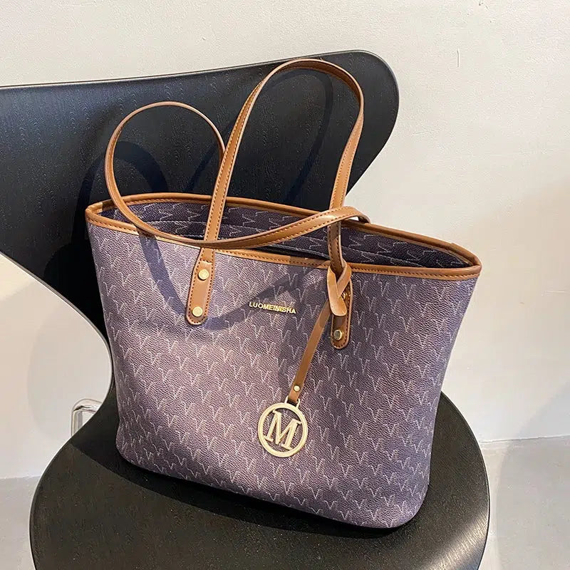 Metal Letter Pendant Leather Tote Bag