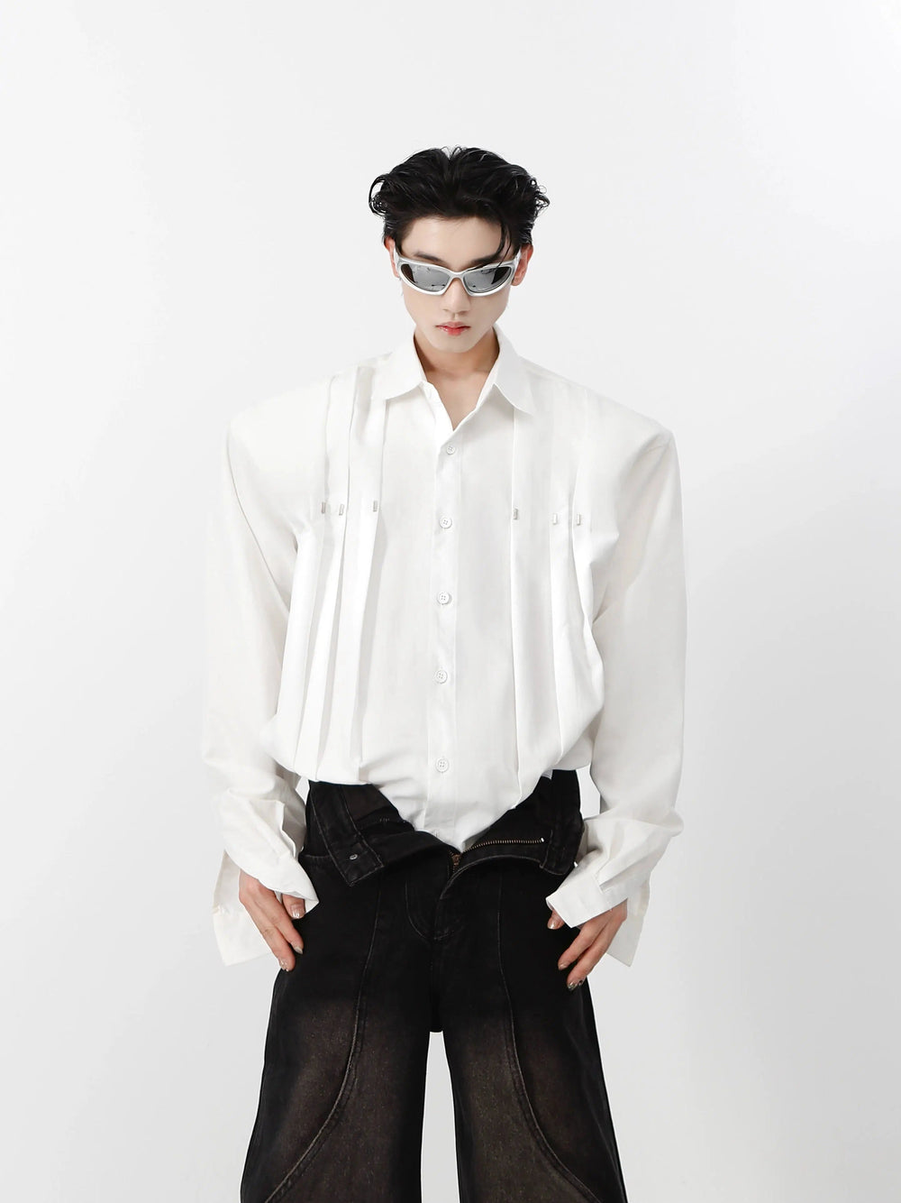 Metal Rivets Pleated Cardigan Shirt