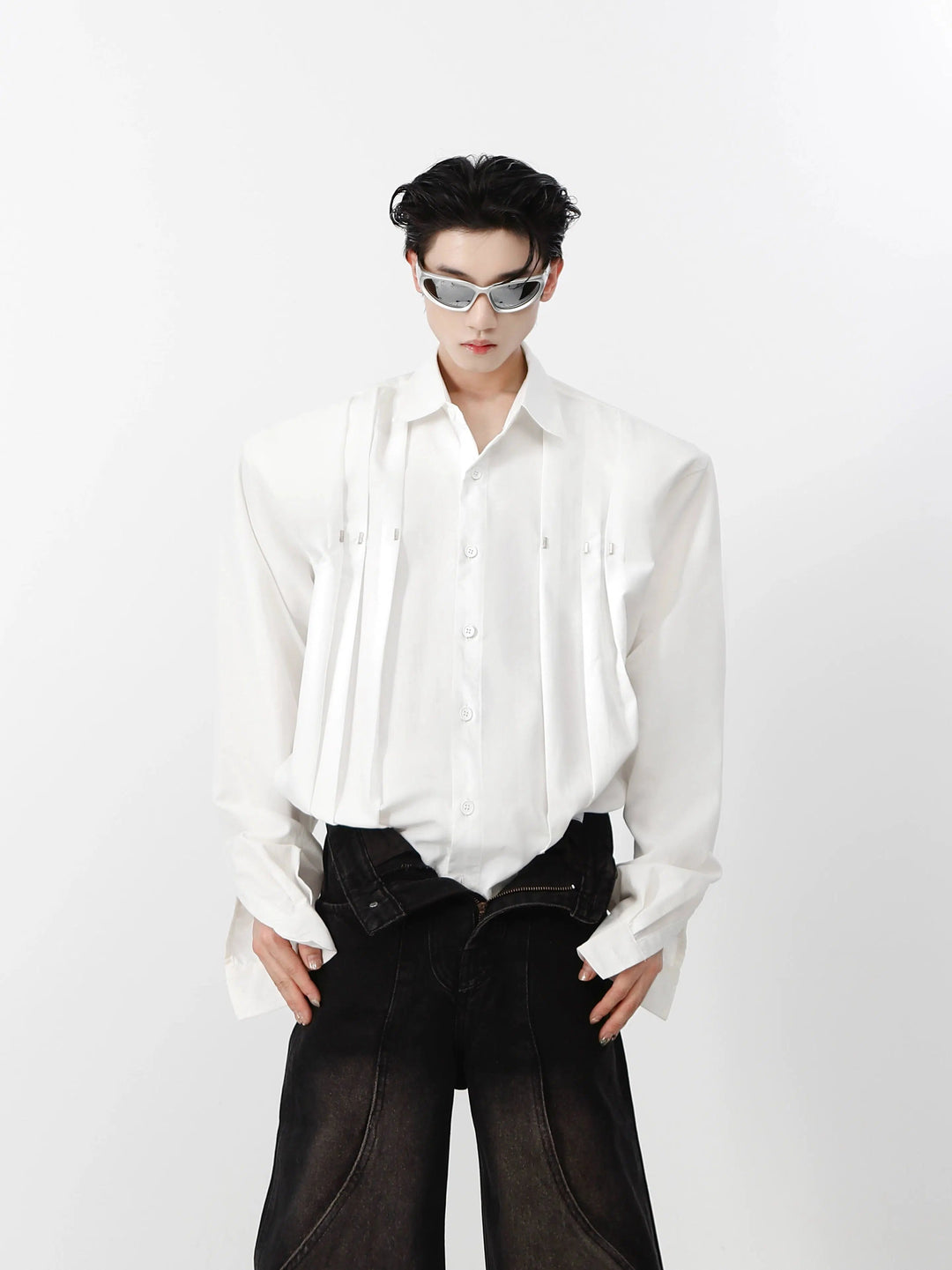 Metal Rivets Pleated Cardigan Shirt