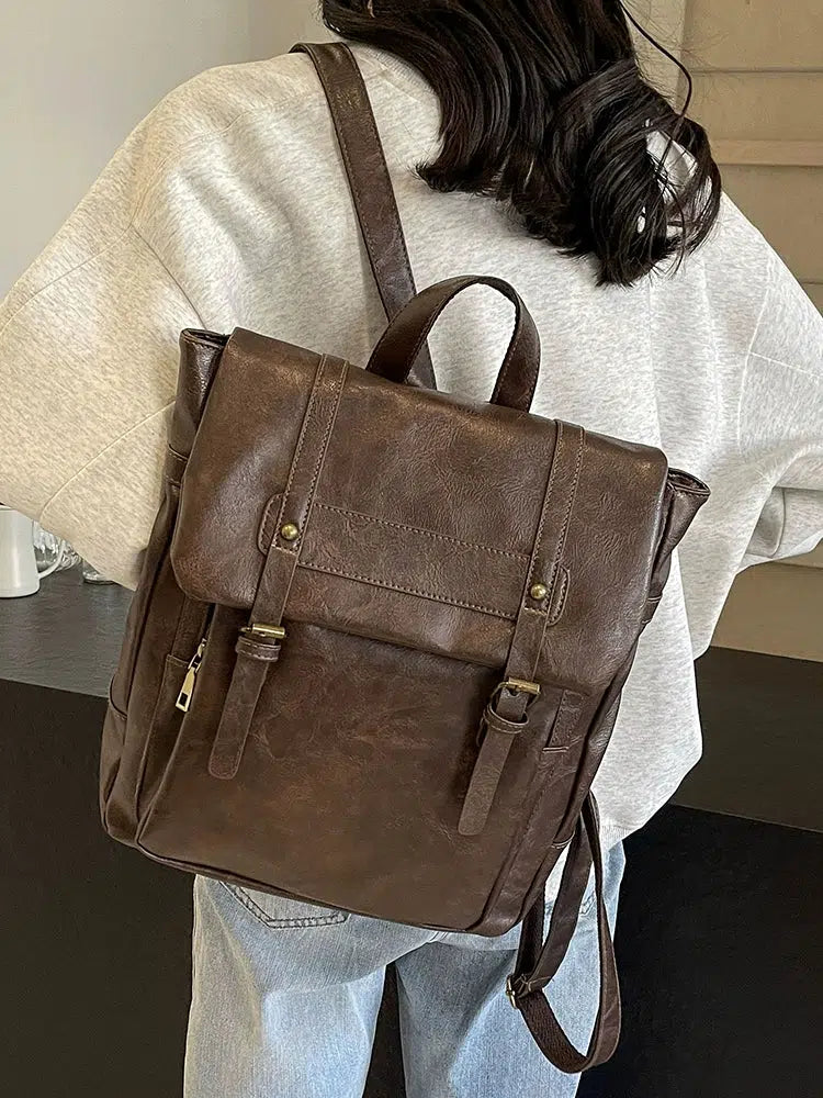 Multi-compartment Leather Buckle Backpack
