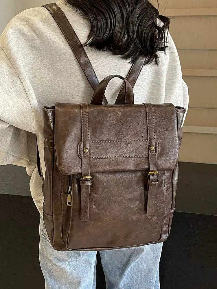 Multi-compartment Leather Buckle Backpack