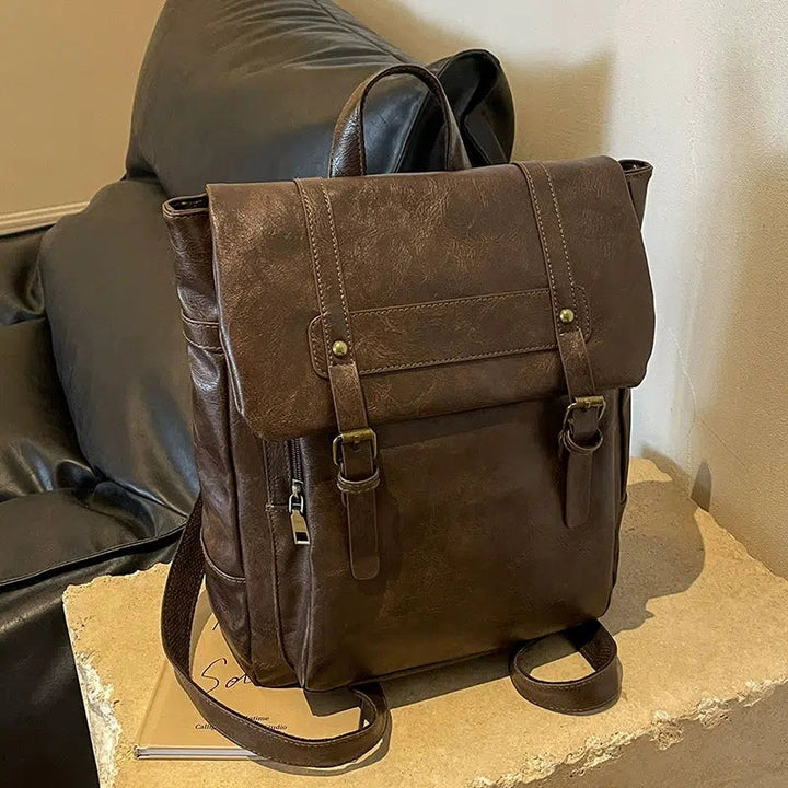 Multi-compartment Leather Buckle Backpack