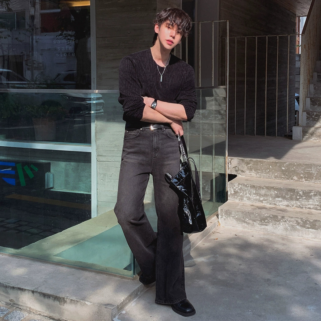 Svetr s kulatým výstřihem a dlouhým rukávem z vaflové pleteniny