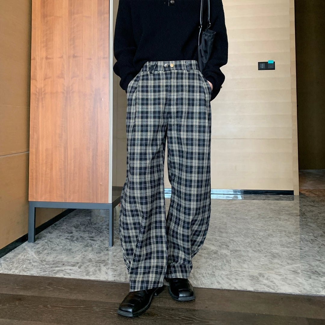 Plaid Wide-Leg Elastic Waist Pants
