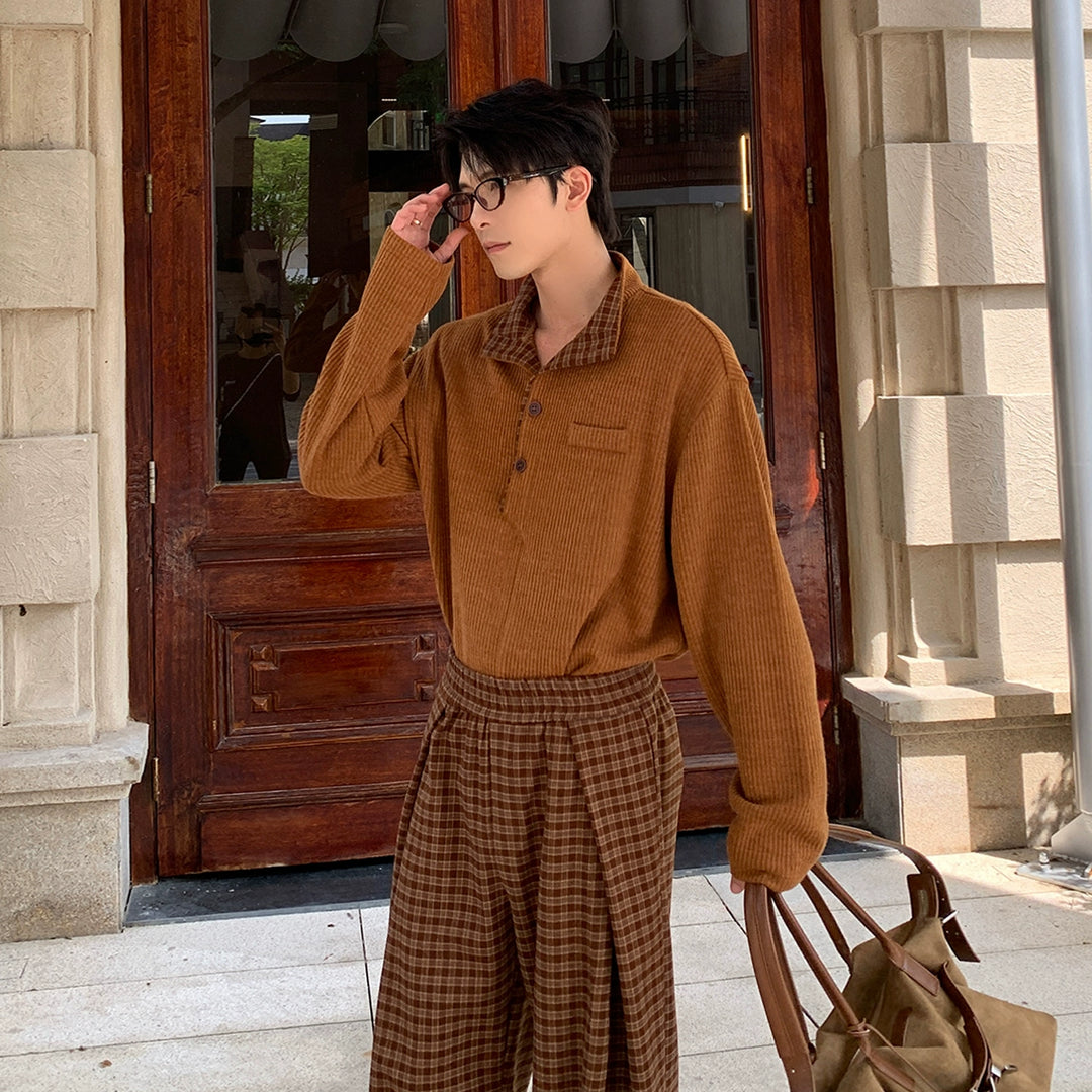 Kraag Sweater Top en Geruite Broek Set