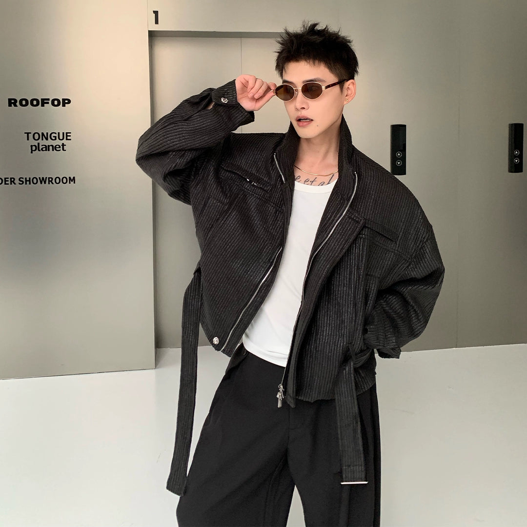 Striped Stand Collar Leather Jacket