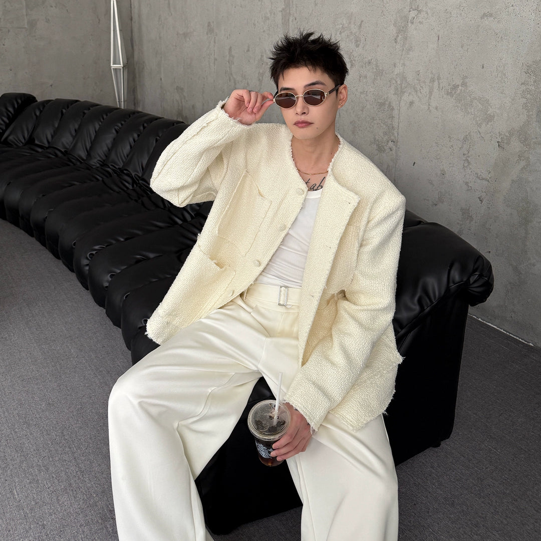 Collarless Wool Raw Edge Jacket