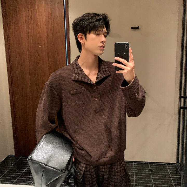 Kraag Sweater Top en Geruite Broek Set