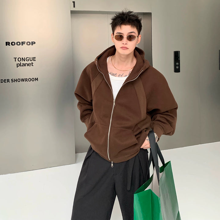 Raglan Sleeve Double Zipper Hooded Jacket