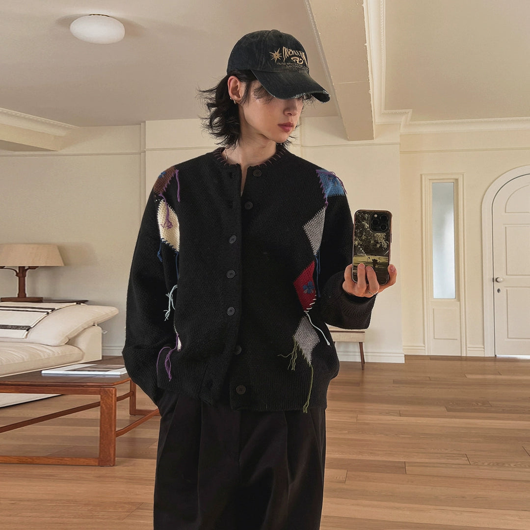 Suéter Cardigan Casual Larga em Tricô de Diamante