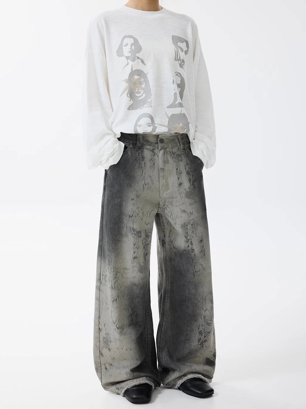 Distressed Ink-Dyed A-line Jeans