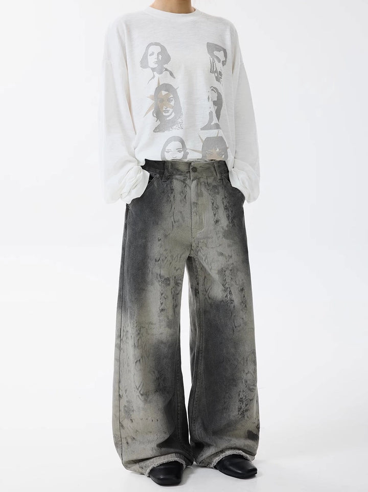 Distressed Ink-Dyed A-line Jeans