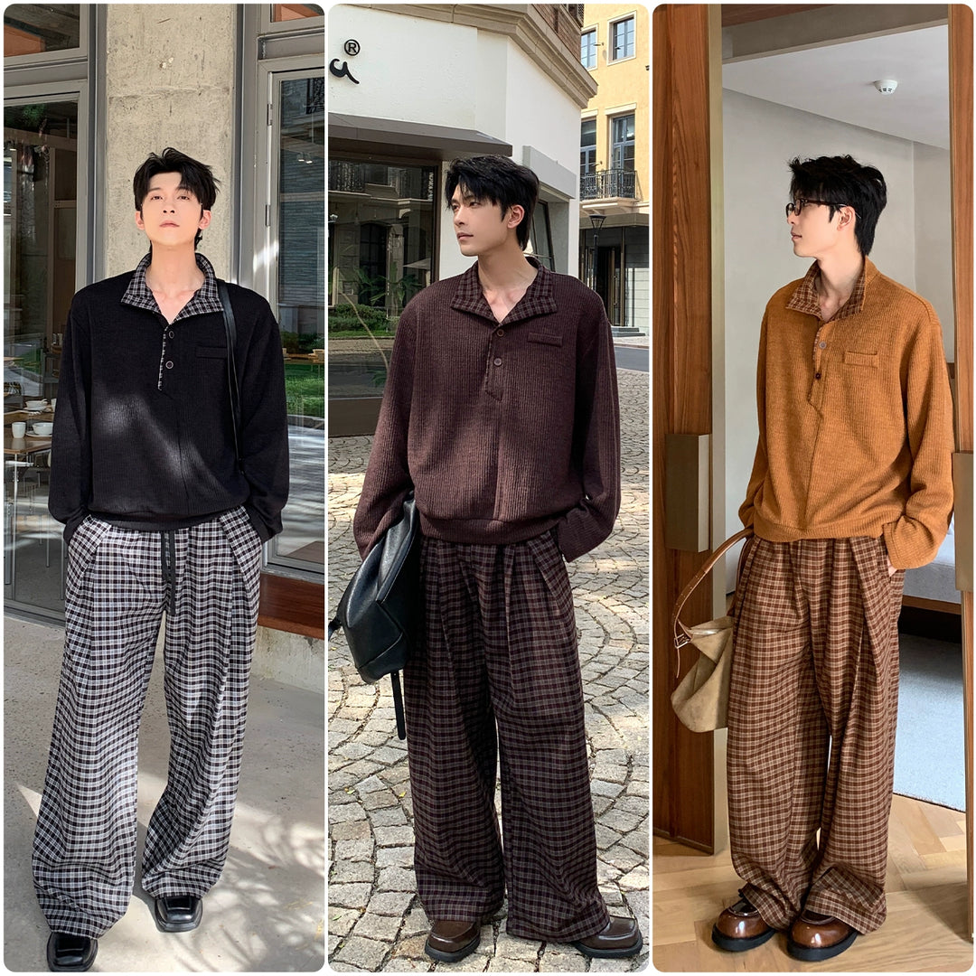 Kárované elastické kalhoty s širokým pasem