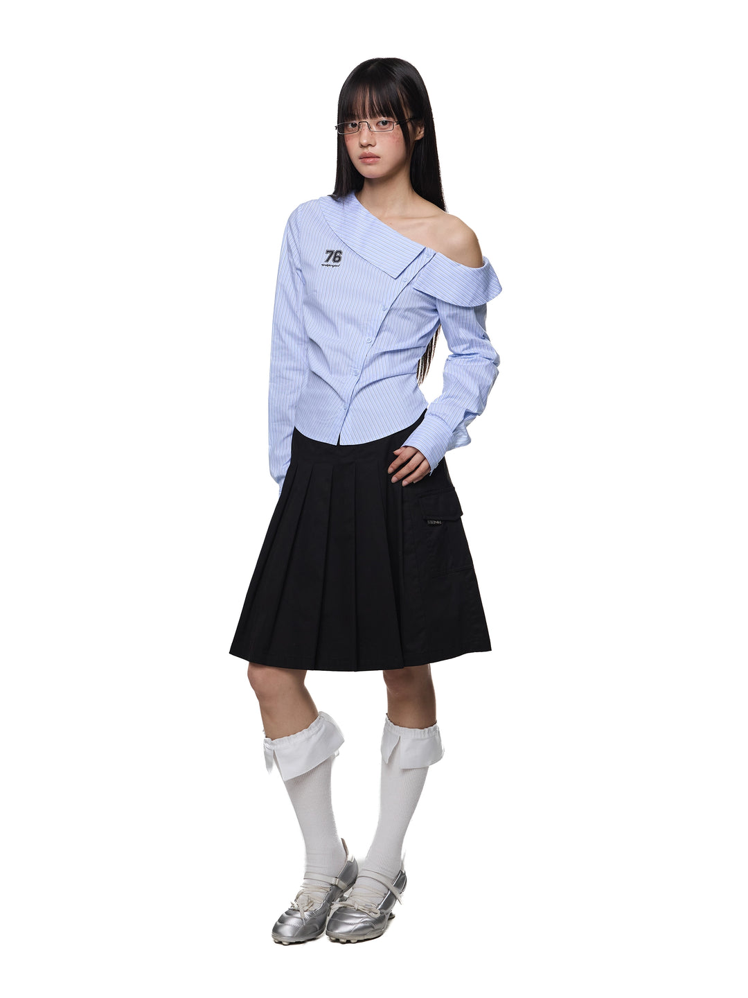 Striped Oblique Shoulder Long Sleeve Shirt