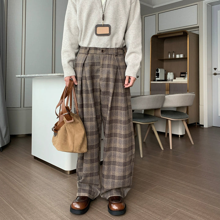 Wool Plaid Wide-Leg Casual Pants