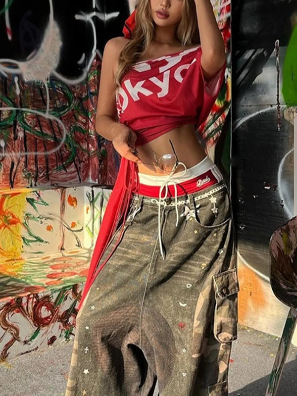 One-Shoulder Irregular Waist Tie Crop Top