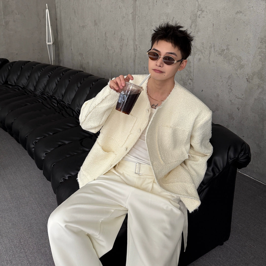 Collarless Wool Raw Edge Jacket