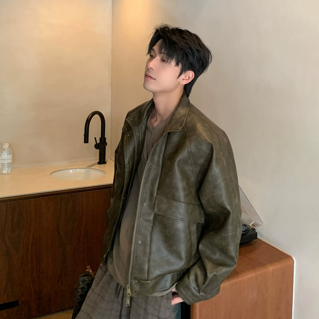 PU lærmotorcykelstil løs jakke