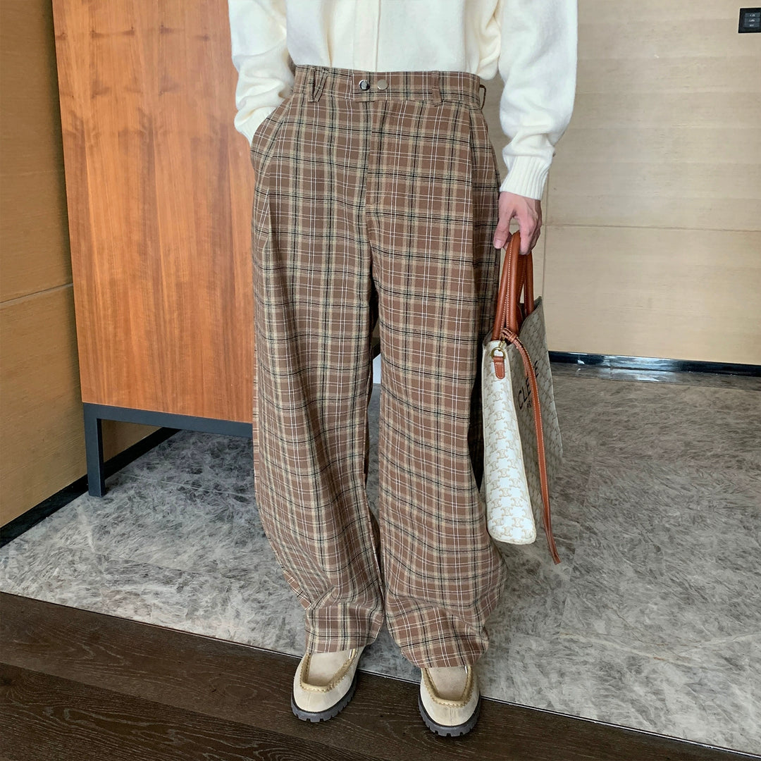 Plaid Wide-Leg Elastic Waist Pants