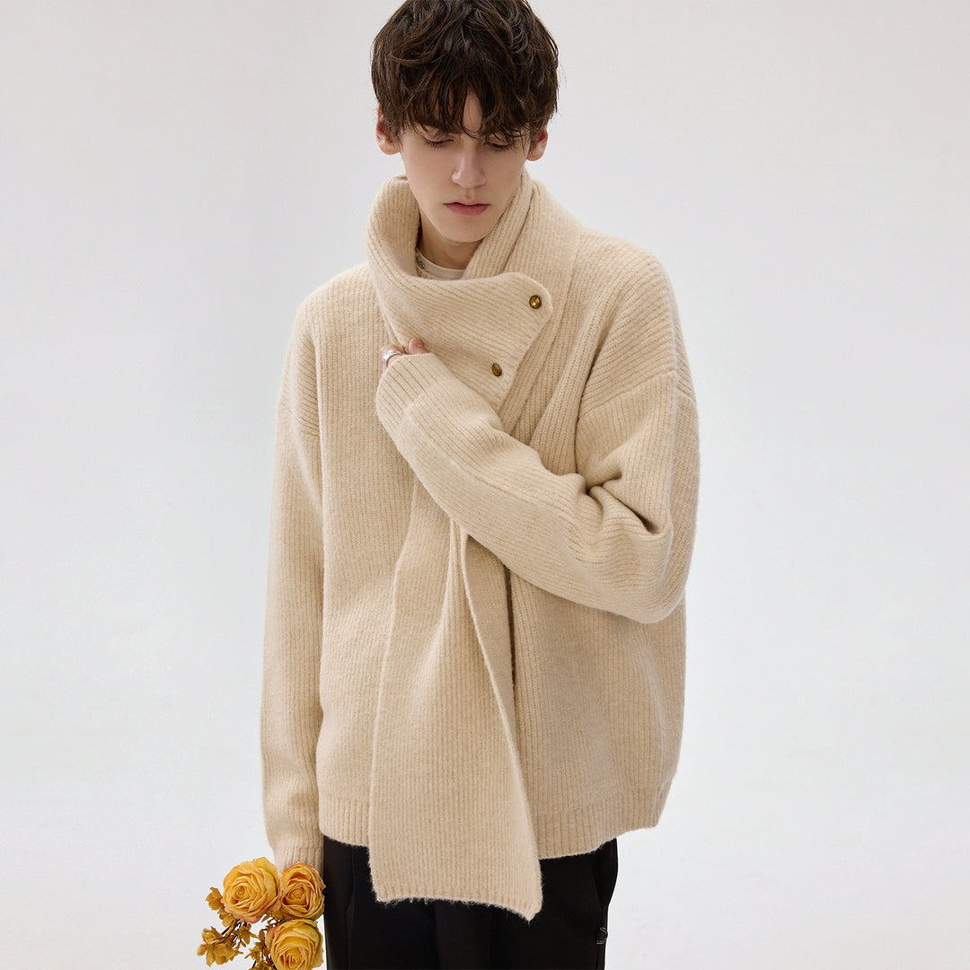Metal Buckle Detachable Scarf Knit Sweater