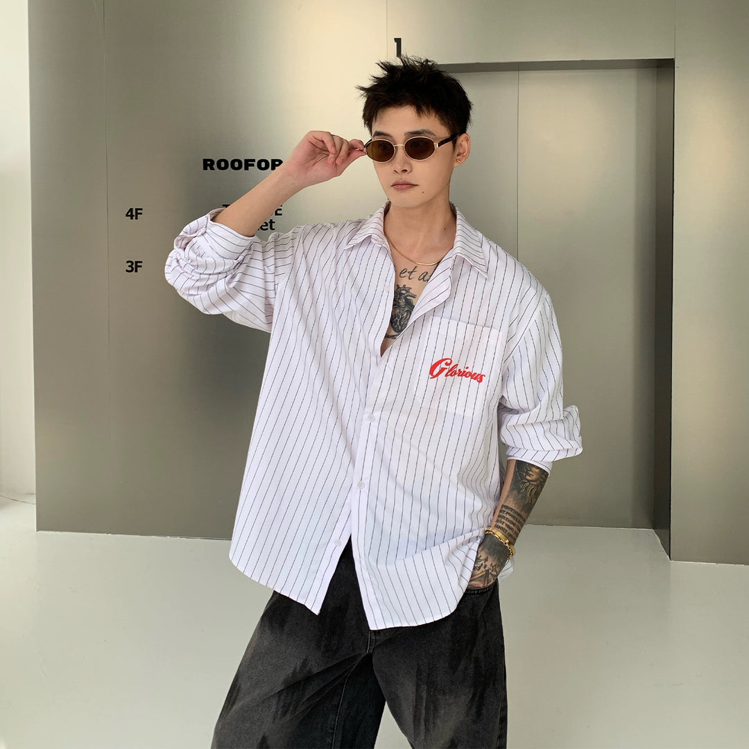 Letter Print Vertical Stripe Long Sleeve Shirt