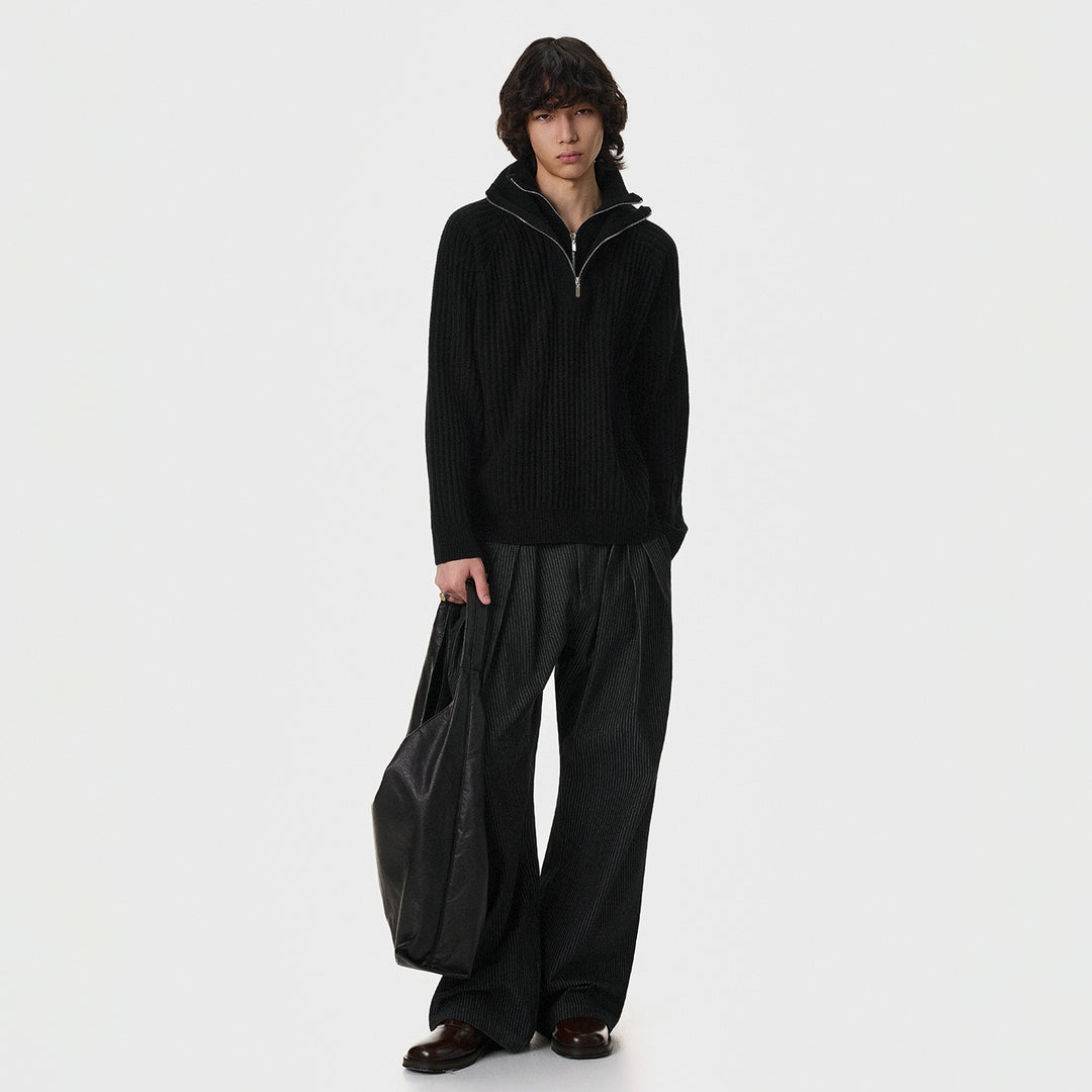 Half-Zip Ribbed Knit Turtleneck Sweater