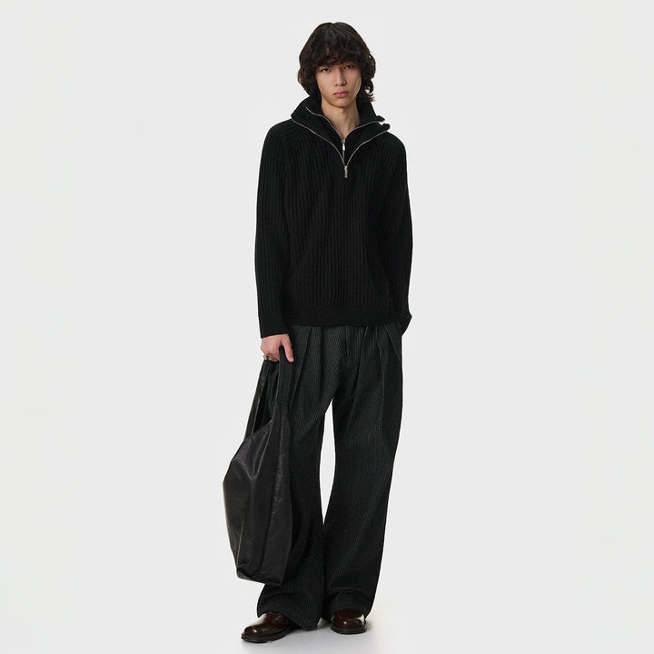 Half-Zip Ribbed Knit Turtleneck Sweater