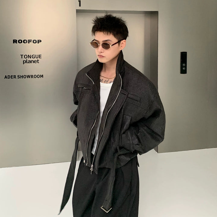 Striped Stand Collar Leather Jacket