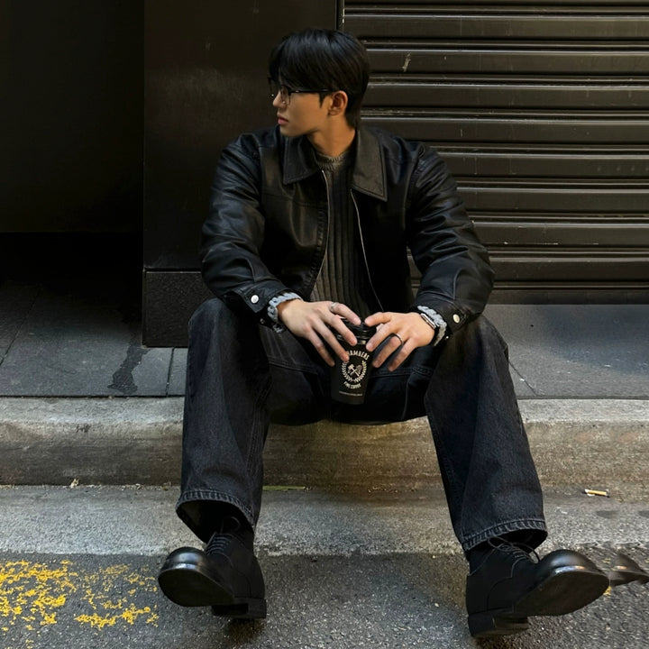 Kožená bunda s klopami volného střihu retro