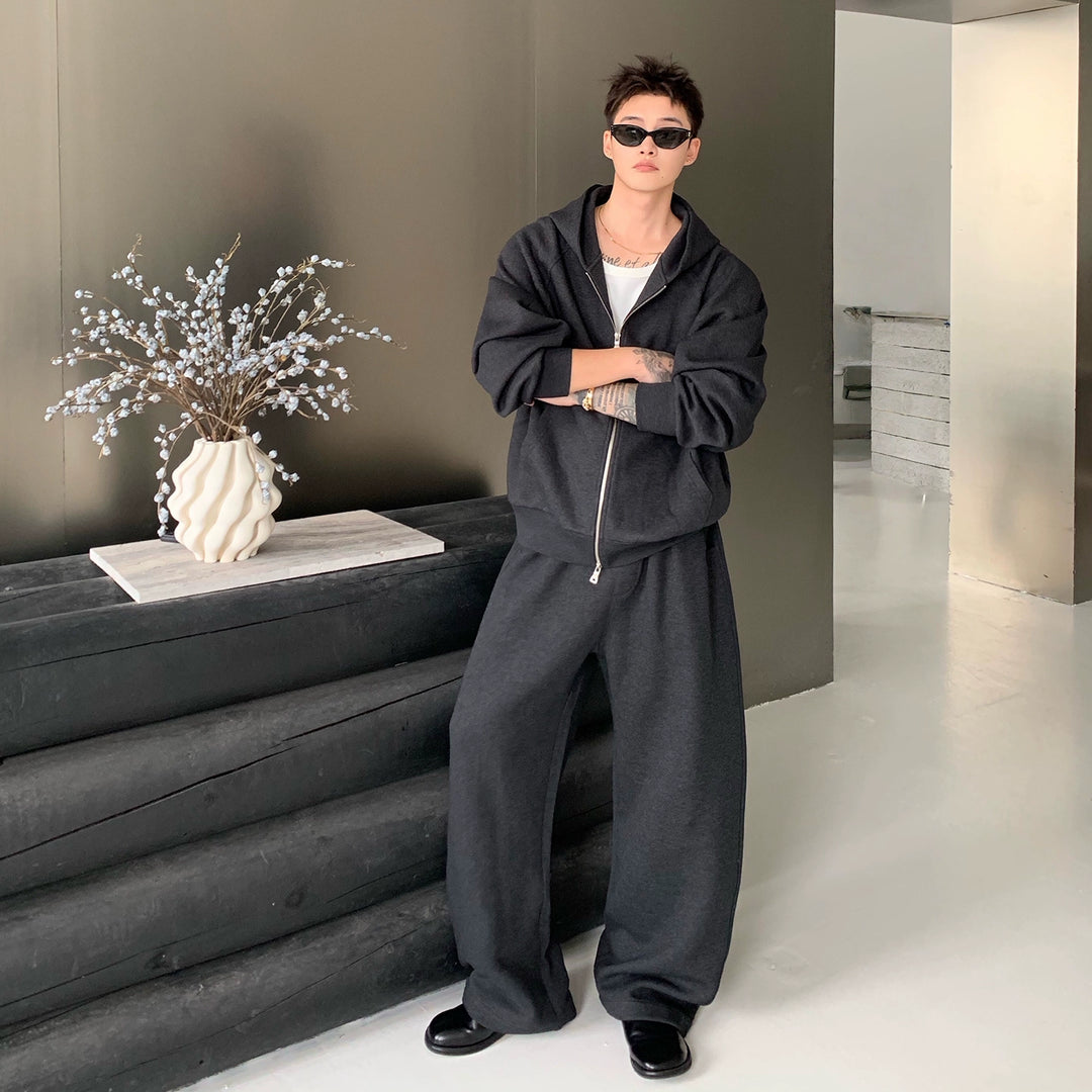 Zipper Hooded Jacket and Wide Leg Pants