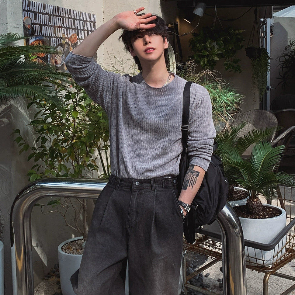 Svetr s kulatým výstřihem a dlouhým rukávem z vaflové pleteniny