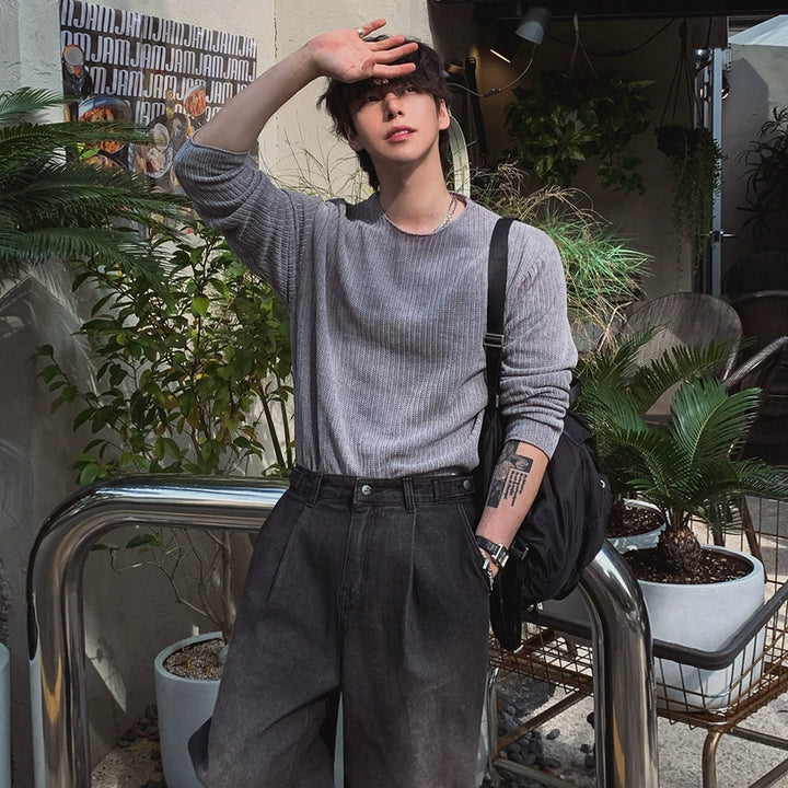 Svetr s kulatým výstřihem a dlouhým rukávem z vaflové pleteniny