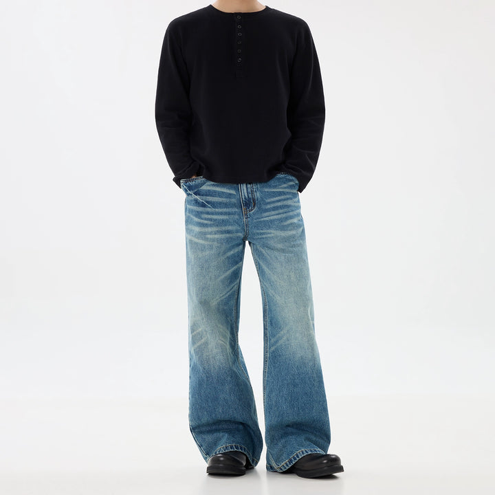 Calças Jeans Retas Largas Desgastadas