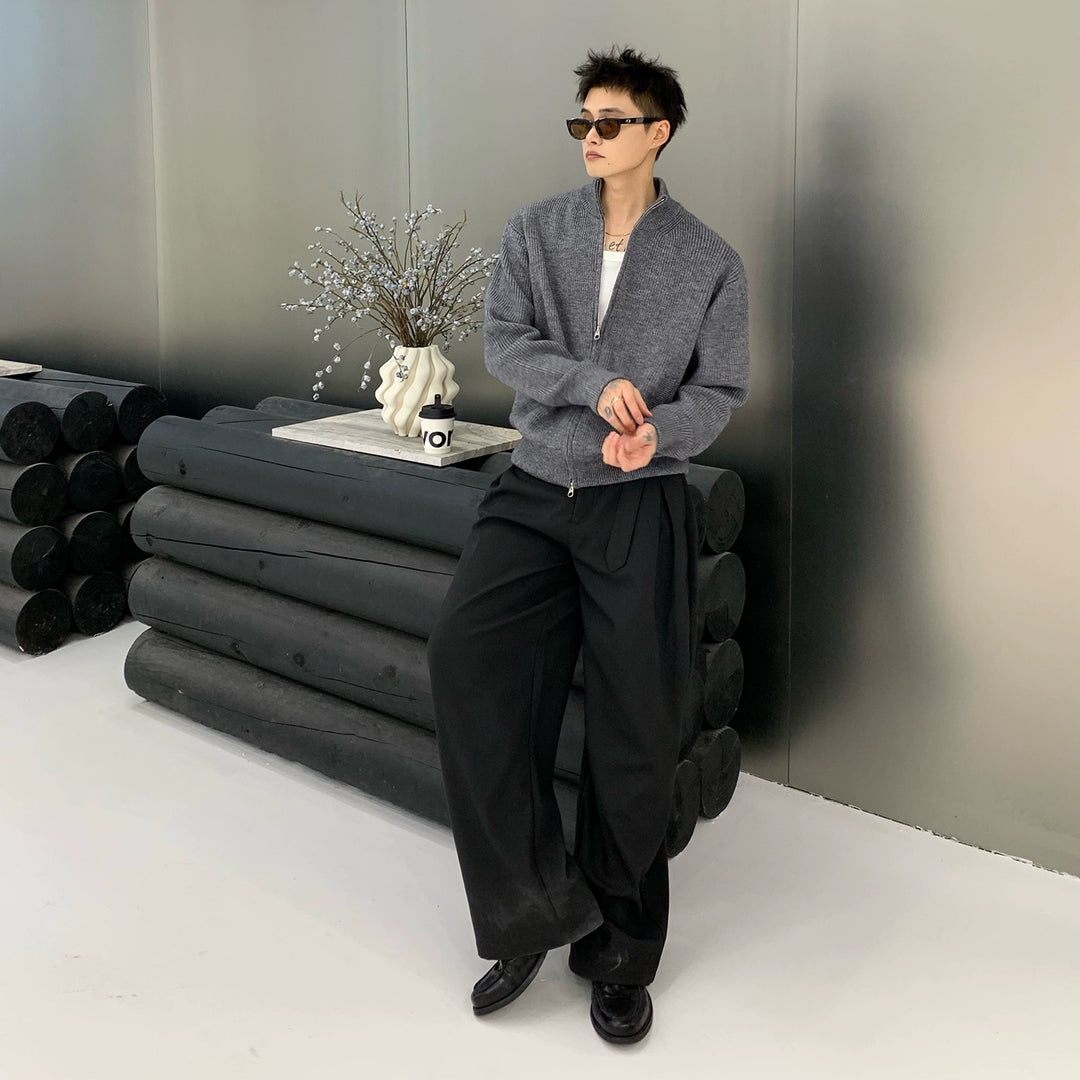 Wool Blend Stand Collar Zip Cardigan