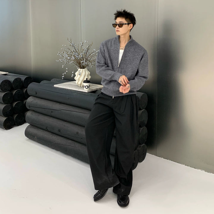 Wool Blend Stand Collar Zip Cardigan