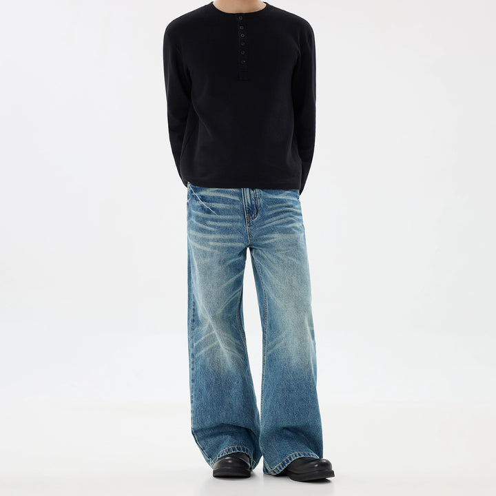 Calças Jeans Retas Largas Desgastadas