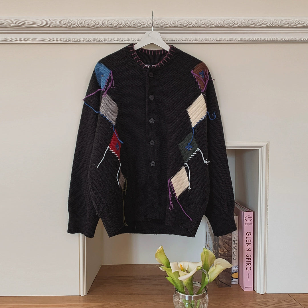 Suéter Cardigan Casual Larga em Tricô de Diamante