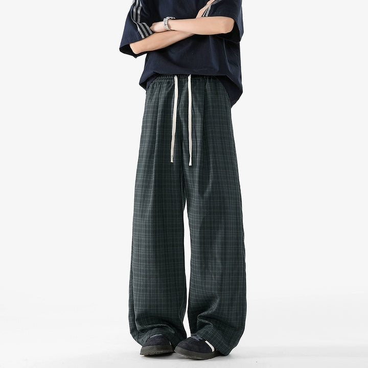 Plaid Elastic Waist Wide Leg Casual Pants