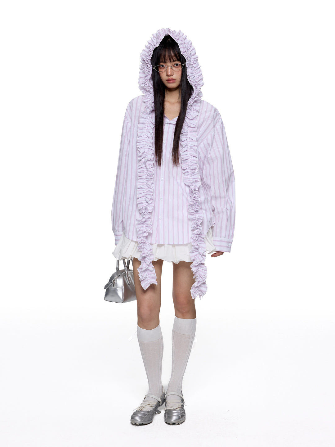 Striped Pleated Hooded Tassel Shirt