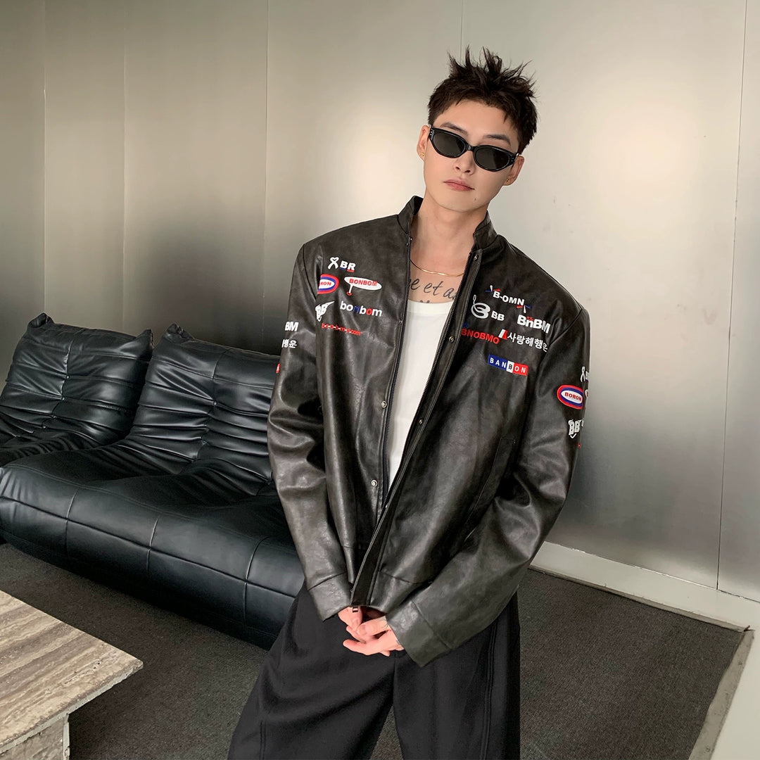 Leather Embroidered Stand Collar Jacket