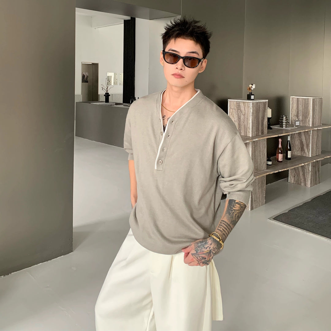 Collarless Wool Knit Long Sleeve Pullover