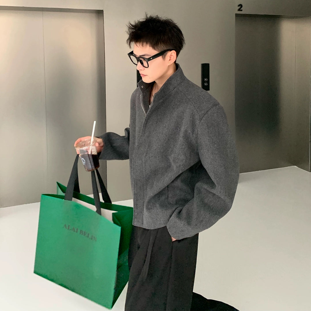 Stand Collar Wool Blend Short Jacket