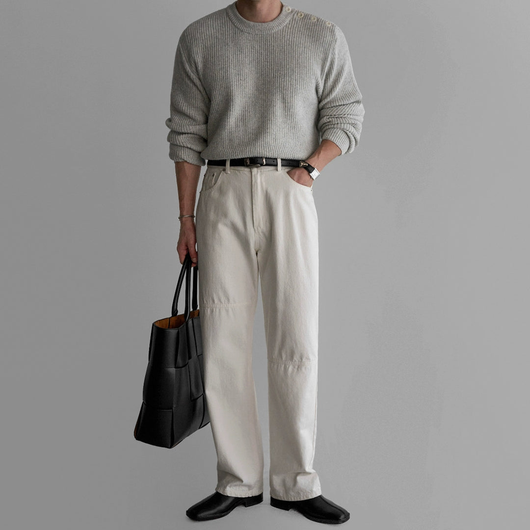 Ribbed Button Shoulder Knit Sweater