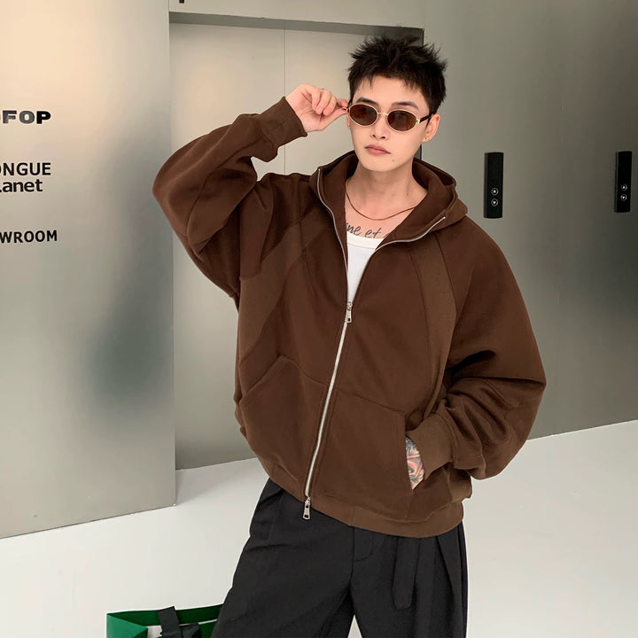 Raglan Sleeve Double Zipper Hooded Jacket