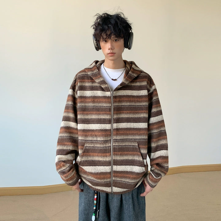 Wełniany paskowany kardigan z kapturem na zamek