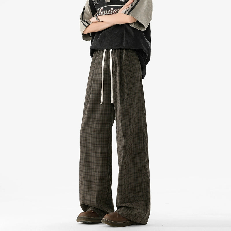 Plaid Elastic Waist Wide Leg Casual Pants